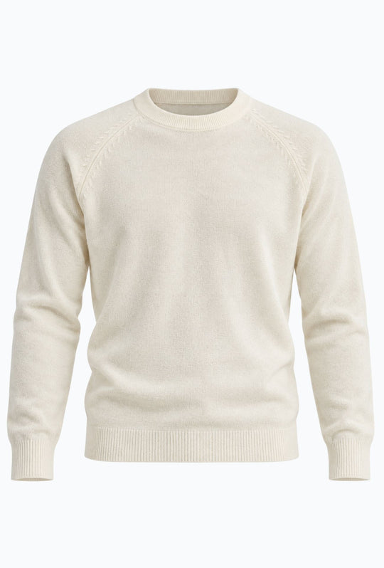 Pullover Uomo Girocollo in Morbida Ciniglia Maniche Lunghe- BIANCO