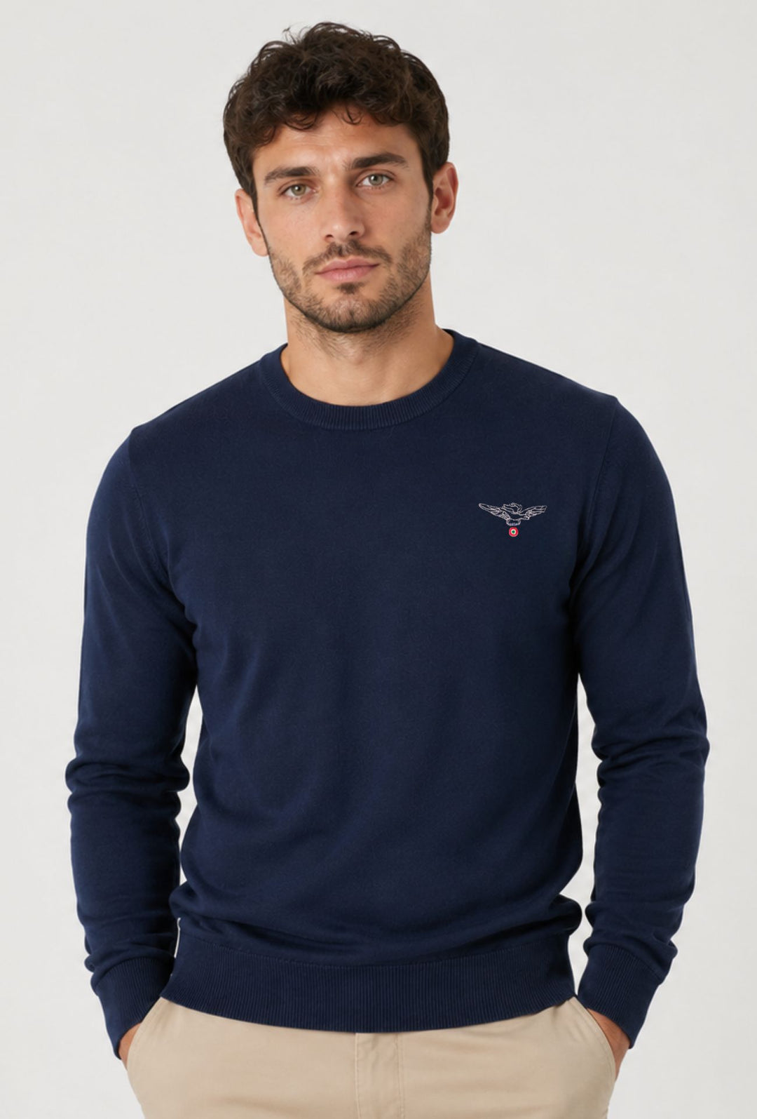 Maglioncino Uomo ESERCITO Girocollo  in Cotone con Logo Ricamato- BLU NAVY
