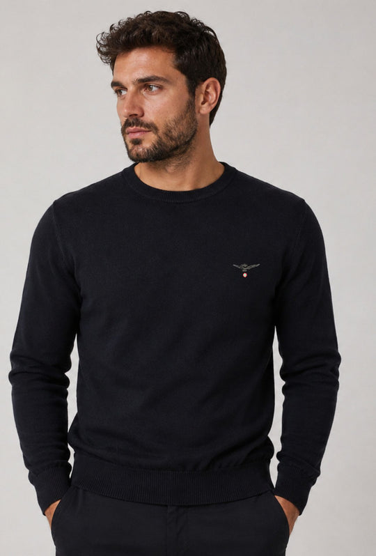 Maglioncino Uomo ESERCITO Girocollo  in Cotone con Logo Ricamato- NERO