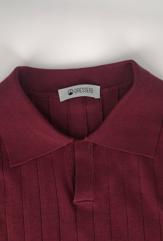Polo Uomo Manica Lunga Dresserd  in Maglia a Coste con Scollo Derby- BORDEAUX