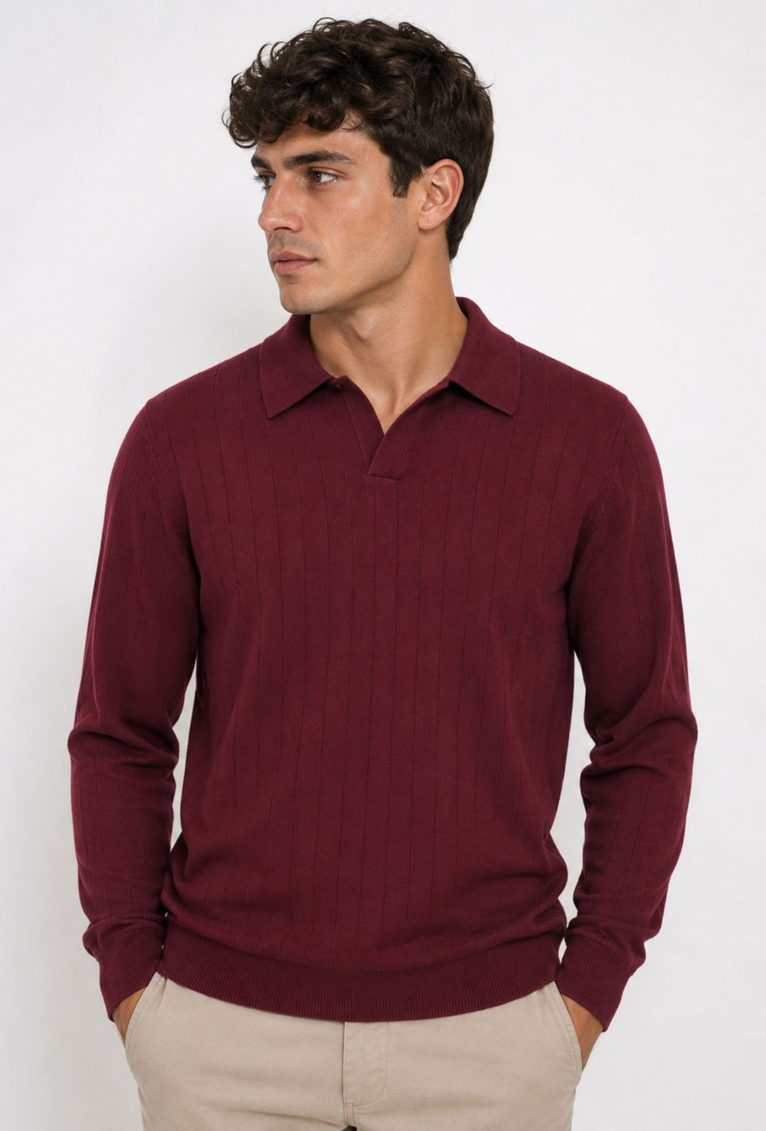 Polo Uomo Manica Lunga Dresserd  in Maglia a Coste con Scollo Derby- BORDEAUX