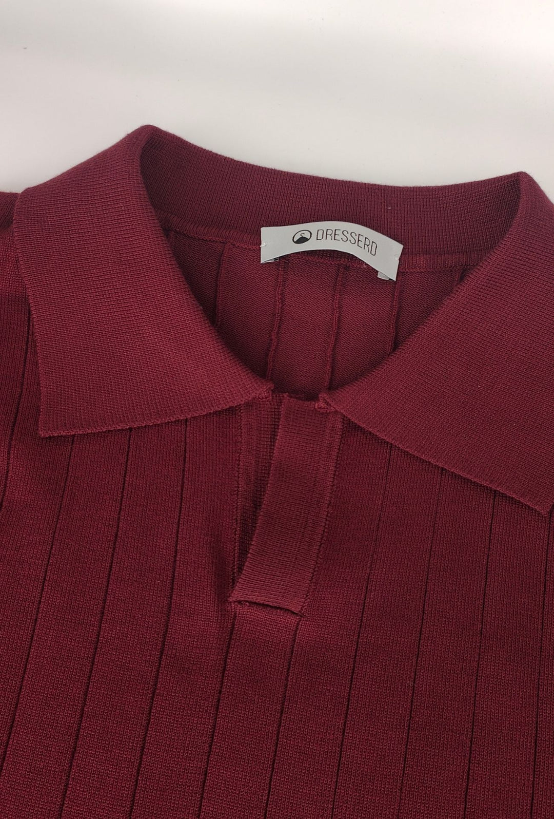 Polo Uomo Manica Lunga Dresserd  in Maglia a Coste con Scollo Derby- BORDEAUX
