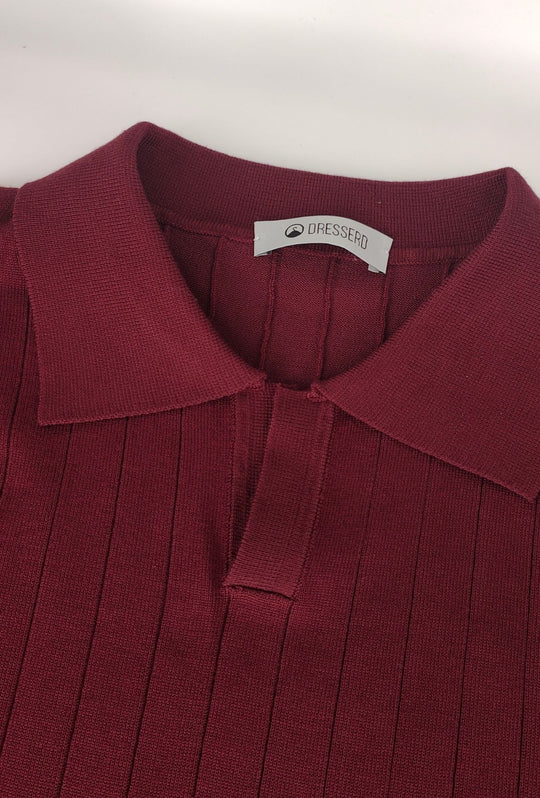 Polo Uomo Manica Lunga Dresserd  in Maglia a Coste con Scollo Derby- BORDEAUX