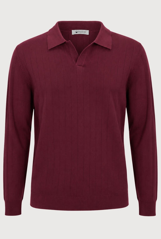 Polo Uomo Manica Lunga Dresserd  in Maglia a Coste con Scollo Derby- BORDEAUX