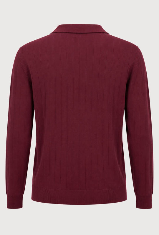 Polo Uomo Manica Lunga Dresserd  in Maglia a Coste con Scollo Derby- BORDEAUX