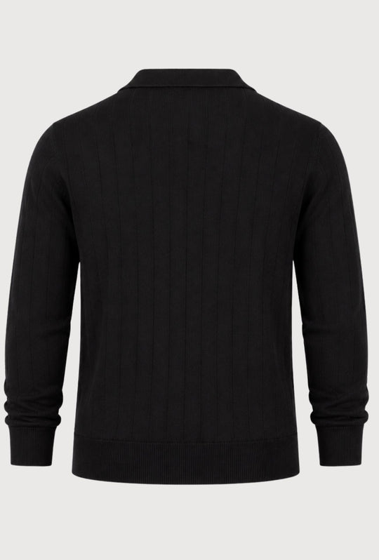 Polo Uomo Manica Lunga Dresserd  in Maglia a Coste con Scollo Derby- NERO