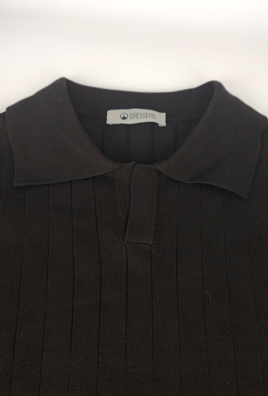 Polo Uomo Manica Lunga Dresserd  in Maglia a Coste con Scollo Derby- NERO