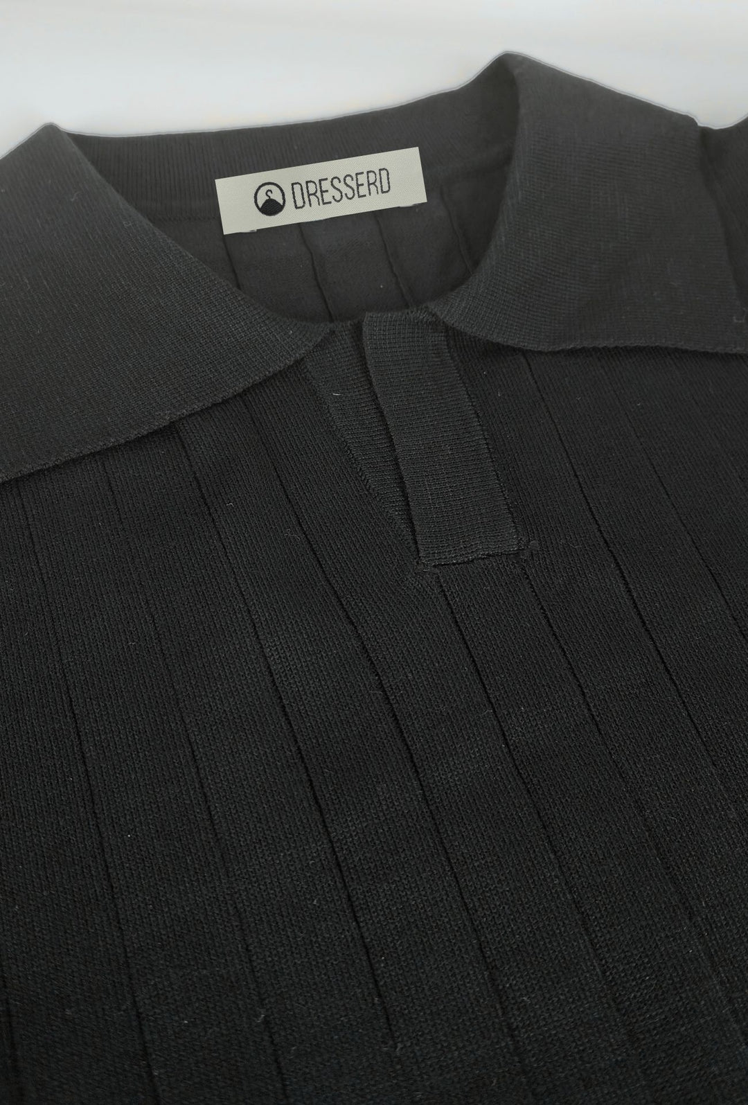 Polo Uomo Manica Lunga Dresserd  in Maglia a Coste con Scollo Derby- NERO