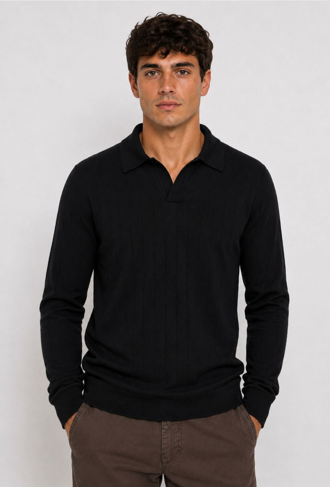 Polo Uomo Manica Lunga Dresserd  in Maglia a Coste con Scollo Derby- NERO