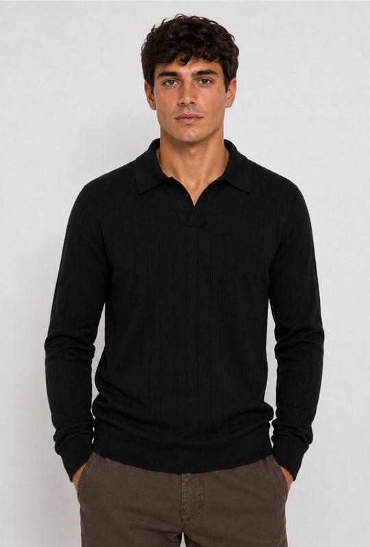 Polo Uomo Manica Lunga Dresserd  in Maglia a Coste con Scollo Derby- NERO