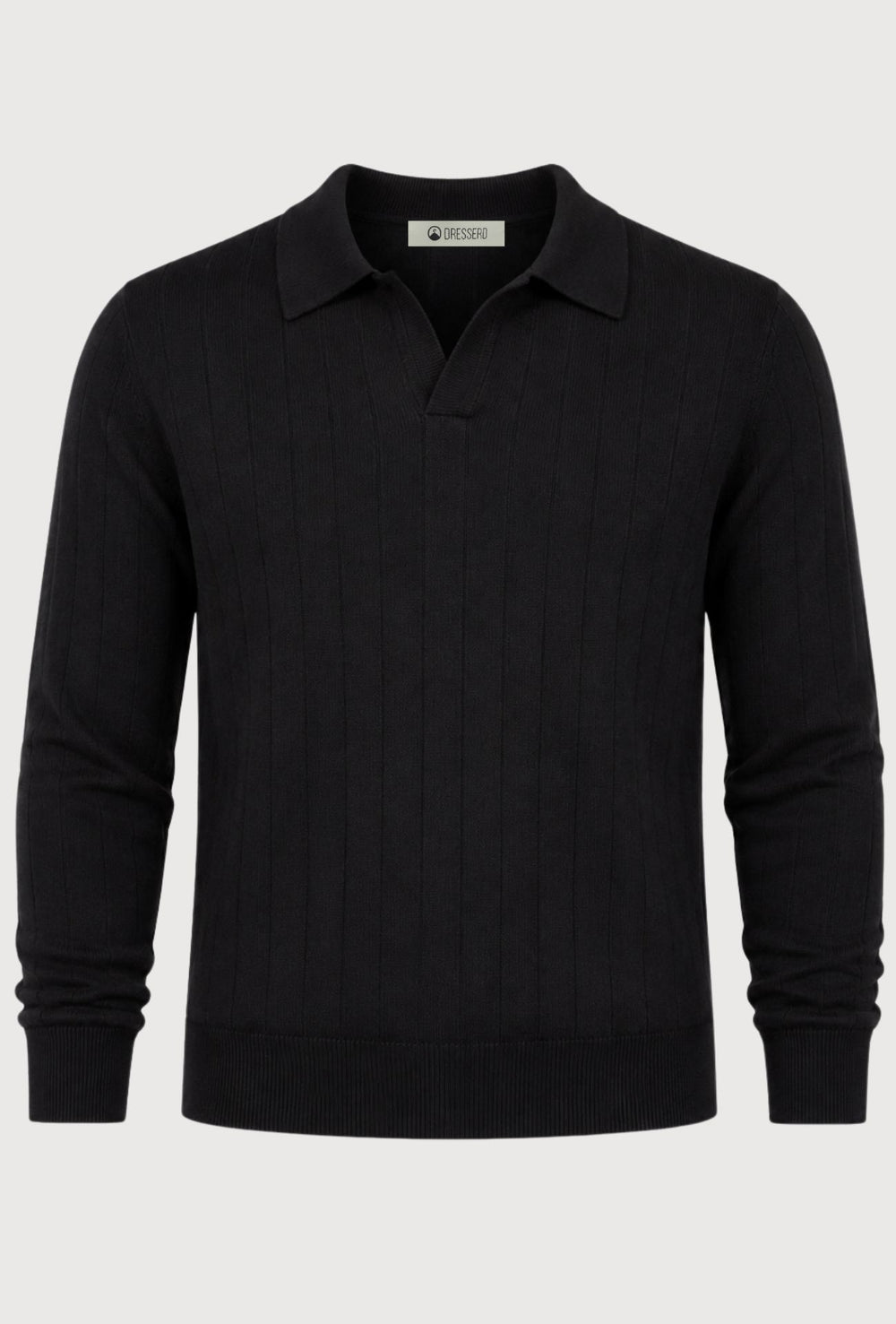 Polo Uomo Manica Lunga Dresserd  in Maglia a Coste con Scollo Derby- NERO