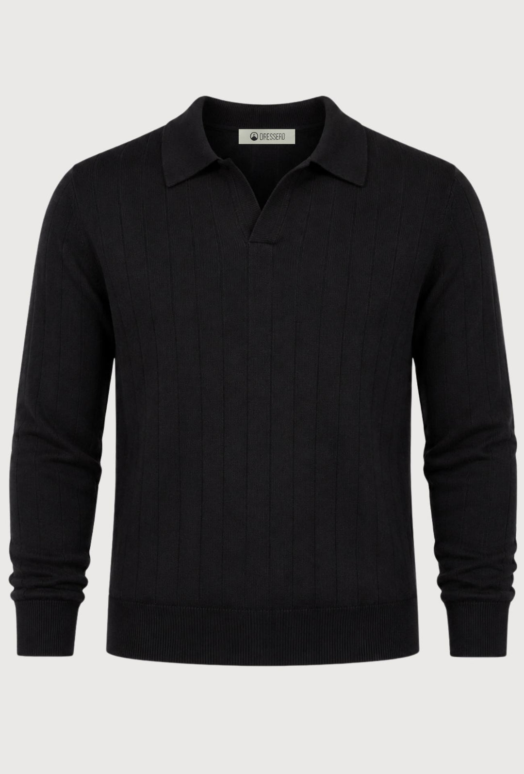 Polo Uomo Manica Lunga Dresserd  in Maglia a Coste con Scollo Derby- NERO
