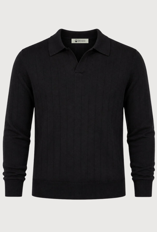Polo Uomo Manica Lunga Dresserd  in Maglia a Coste con Scollo Derby- NERO
