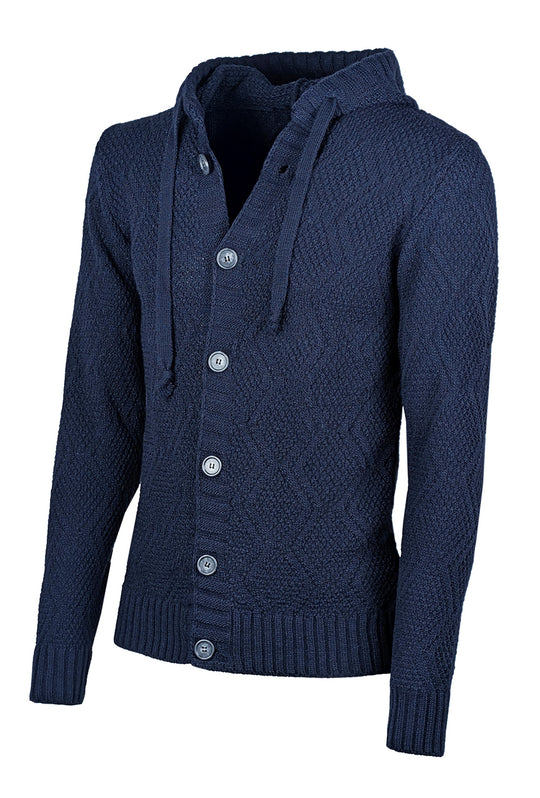 Maglia Uomo Manica lunga con bottoni e cappuccio Cardigan Felpa in Maglia Dresserd - BLU