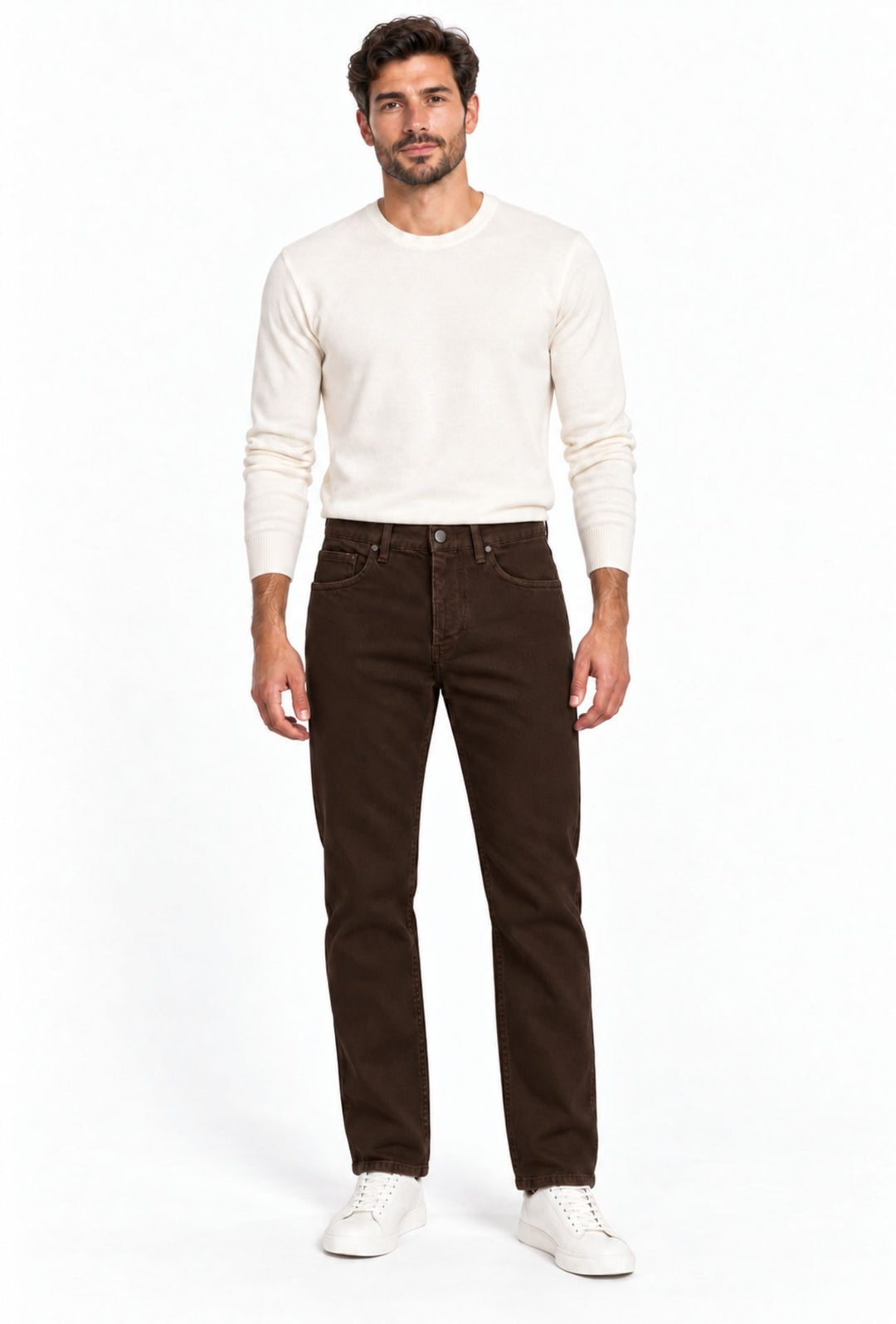 Pantalone uomo in cotone jeansato Invernale 5 Tasche Regular Fit- MORO