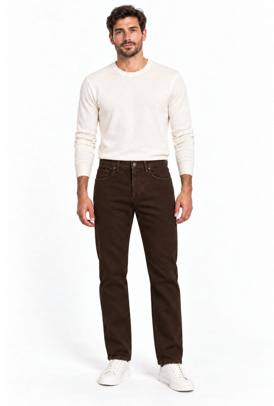 Pantalone uomo in cotone jeansato Invernale 5 Tasche Regular Fit- MORO
