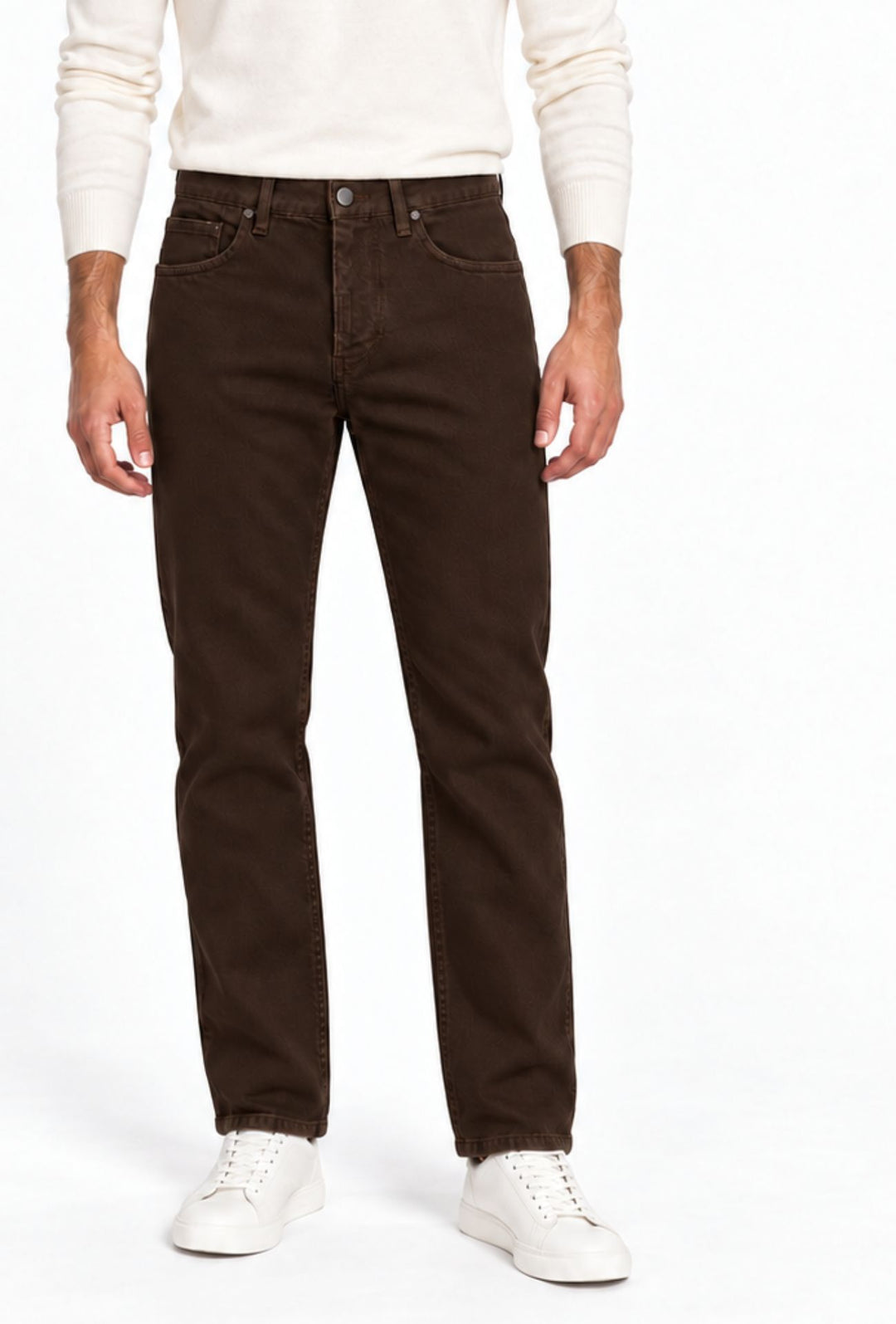 Pantalone uomo in cotone jeansato Invernale 5 Tasche Regular Fit- MORO