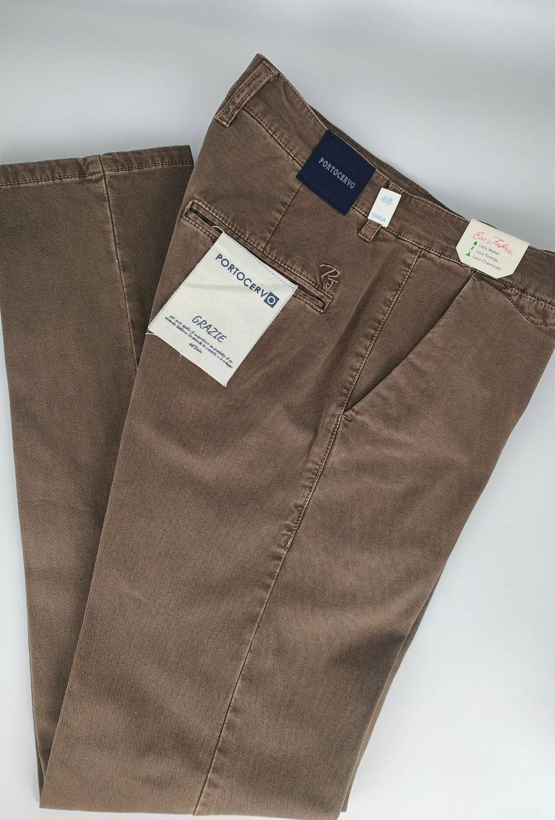 Pantalone Uomo PORTOCERVO in Cotone Piquet Eco traspirante Perfect Fit Tasca America- FANGO