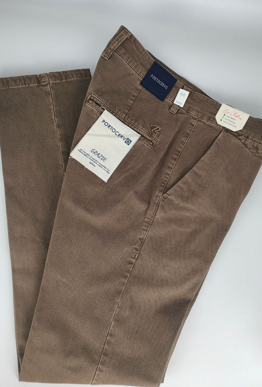 Pantalone Uomo PORTOCERVO in Cotone Piquet Eco traspirante Perfect Fit Tasca America- FANGO