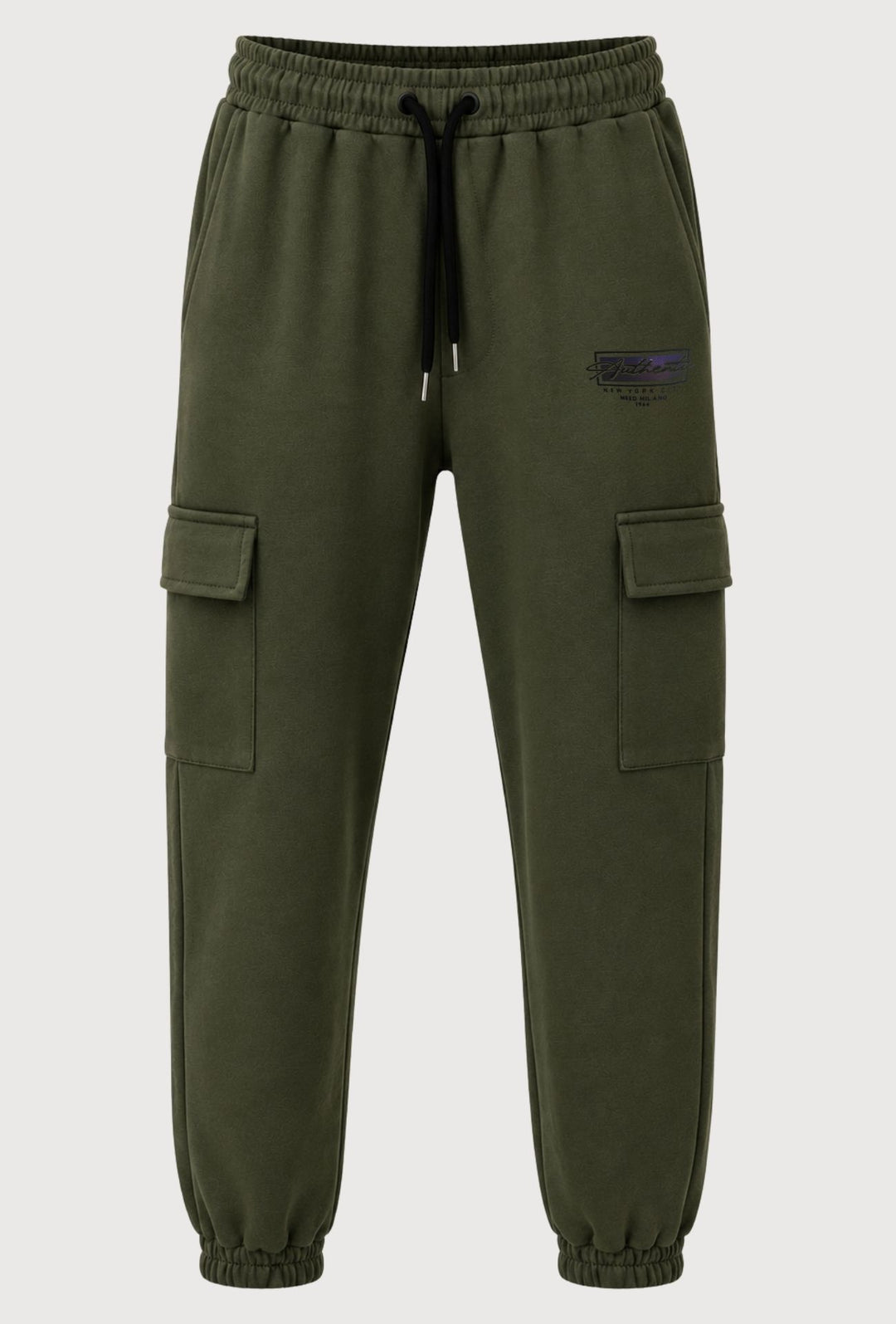 Pantalone Tuta Uomo MEED MILANO Con Tasconi Laterali  in Cotone Logo Stampato- VERDE MILITARE