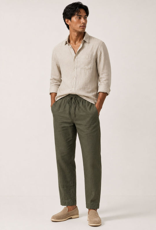 Pantalone 100% Lino Uomo confort fit con elastico - VERDE MILITARE