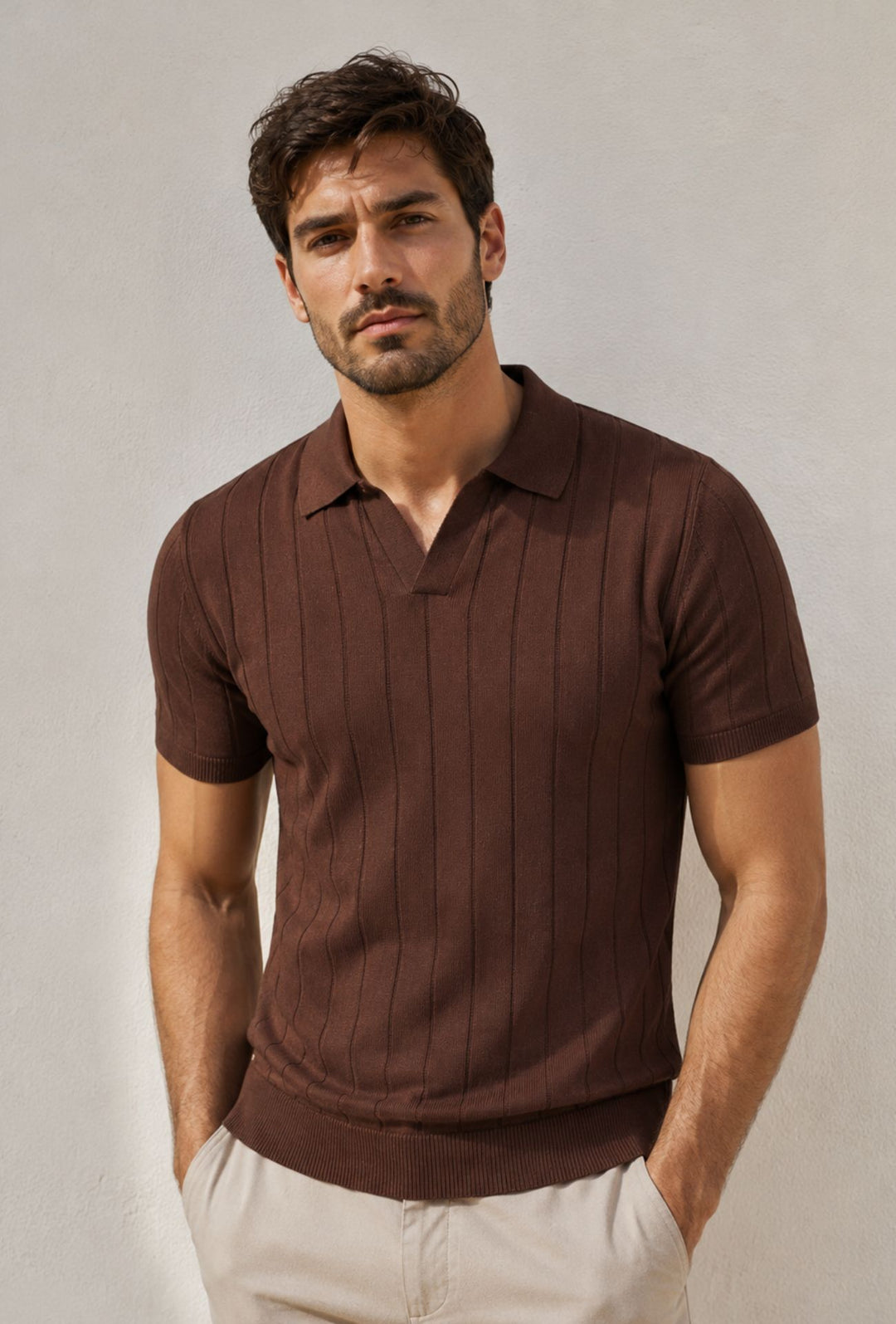 Polo Uomo in Maglia a Coste con Collo Aperto- CAFFE'
