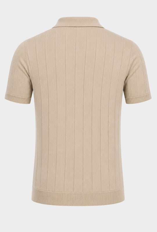 Polo Uomo in Maglia a Coste con Collo Aperto- BEIGE CHIARO