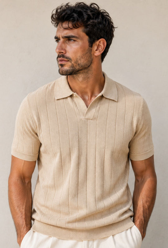 Polo Uomo in Maglia a Coste con Collo Aperto- BEIGE CHIARO