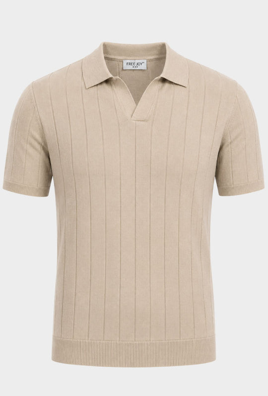 Polo Uomo in Maglia a Coste con Collo Aperto- BEIGE CHIARO