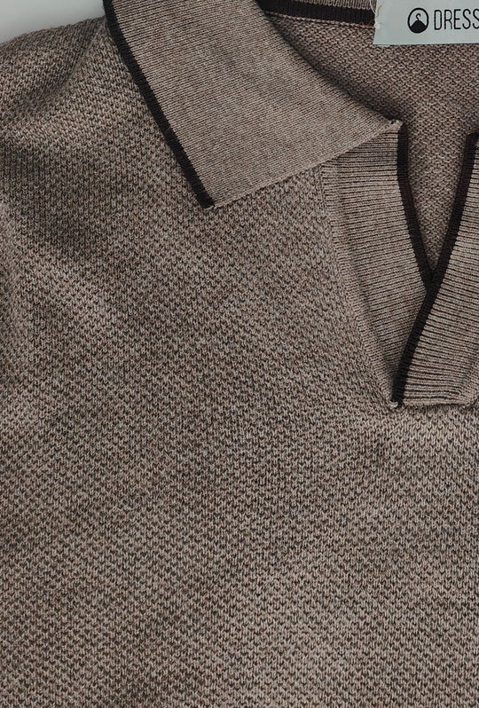 Polo Uomo DRESSERD Manica Lunga in Maglia a Trama Lavorata con Colletto e Riga Marrone a Contrasto- TORTORA