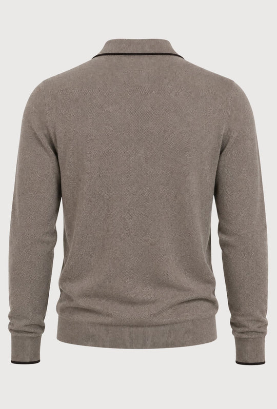 Polo Uomo DRESSERD Manica Lunga in Maglia a Trama Lavorata con Colletto e Riga Marrone a Contrasto- TORTORA