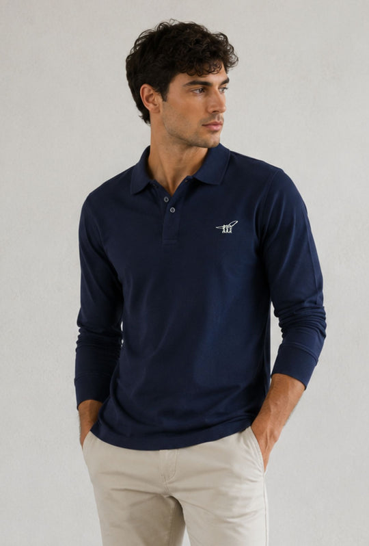 Polo Uomo Manica Lunga HENRY COTTON'S logo ricamato lato cuore- BLU NAVY