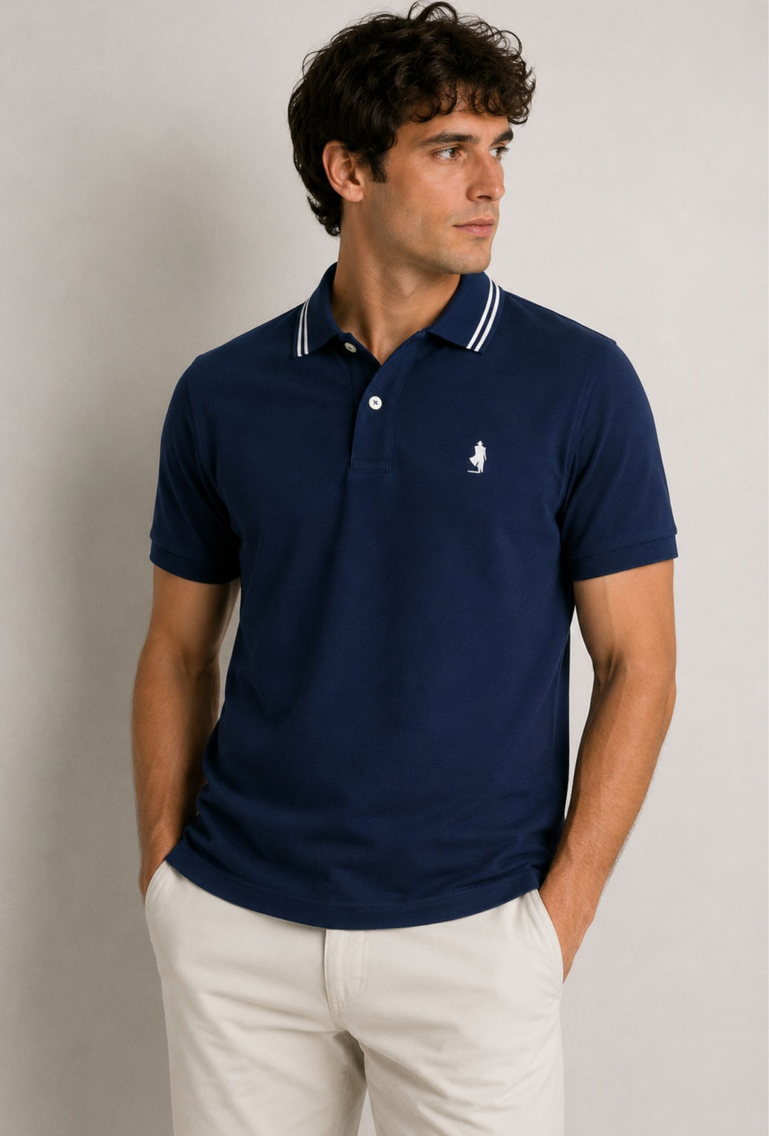 Polo Uomo manica corta MARLBORO CLASSIC logo ricamato lato cuore, colletto con doppio righino- BLU NAVY