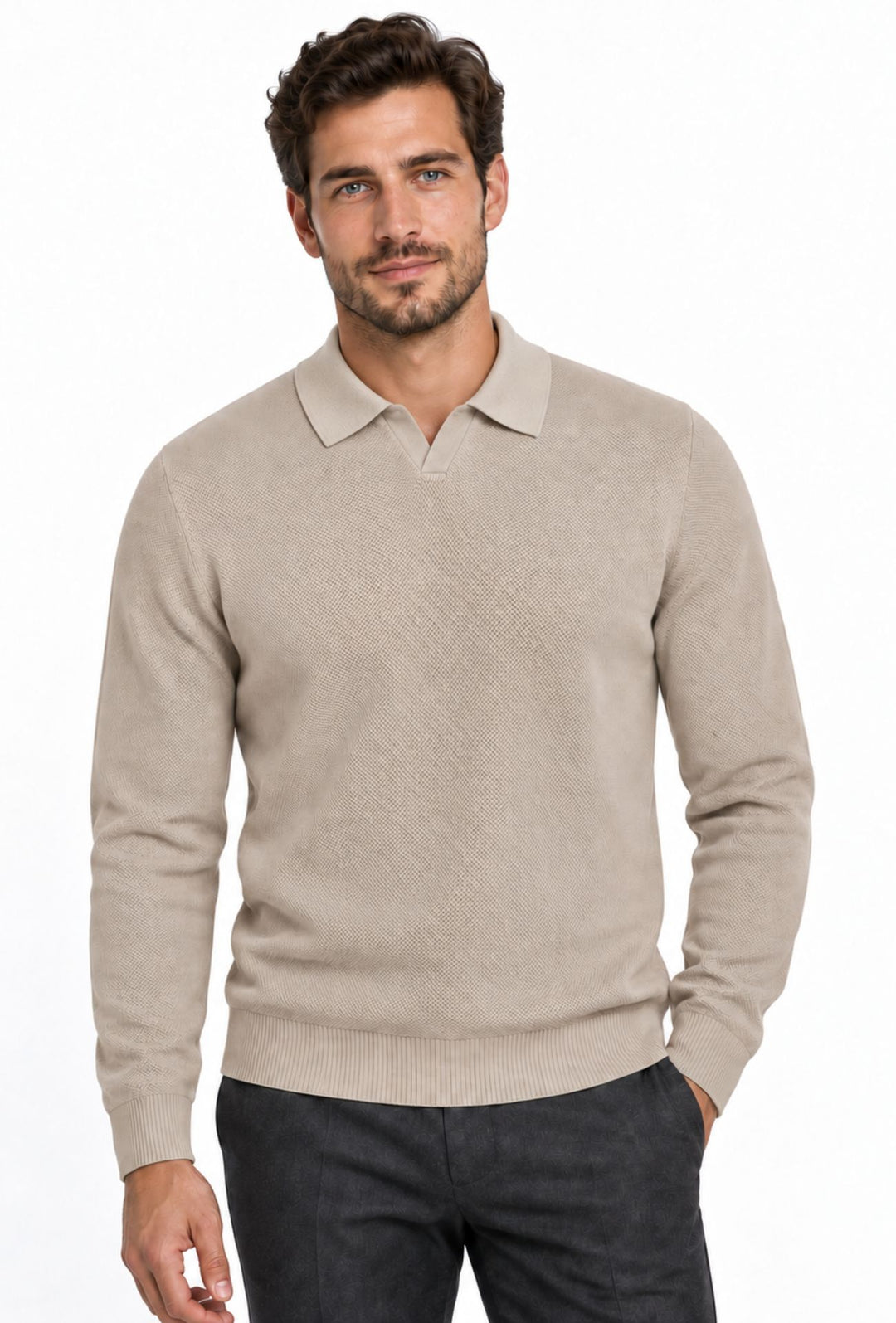 Polo uomo Manica Lunga con scollo Derby microtrama in rilievo- CREMA