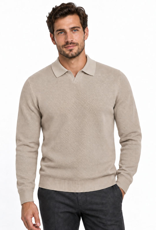 Polo uomo Manica Lunga con scollo Derby microtrama in rilievo- CREMA