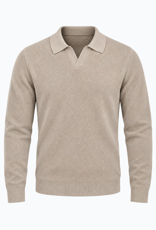 Polo uomo Manica Lunga con scollo Derby microtrama in rilievo- CREMA