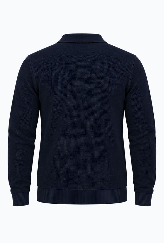Polo uomo Manica Lunga con scollo Derby microtrama in rilievo- BLU NAVY