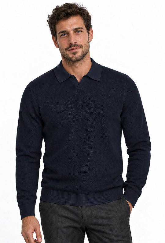 Polo uomo Manica Lunga con scollo Derby microtrama in rilievo- BLU NAVY