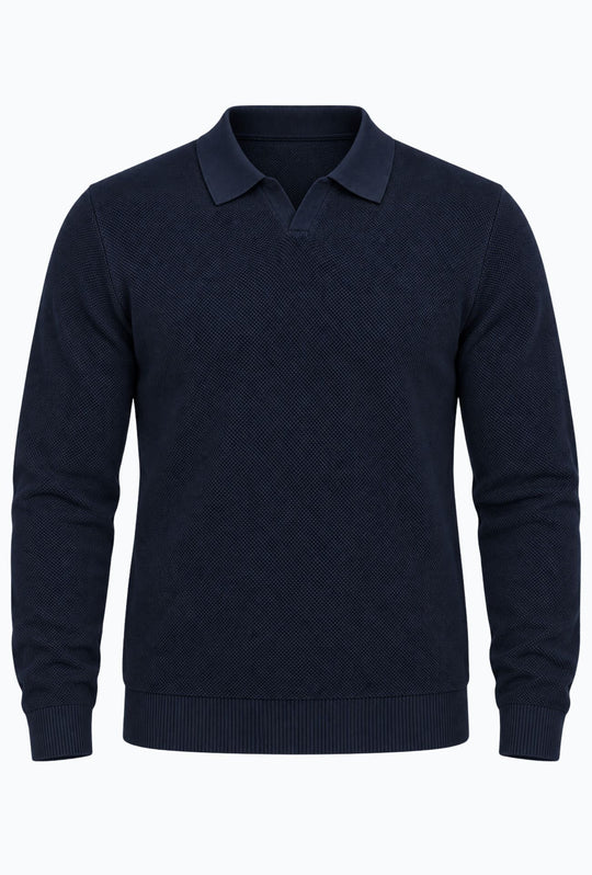 Polo uomo Manica Lunga con scollo Derby microtrama in rilievo- BLU NAVY