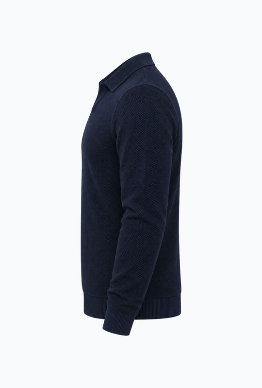 Polo uomo Manica Lunga con scollo Derby microtrama in rilievo- BLU NAVY