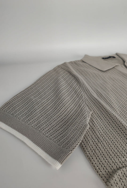 Polo Uomo in Maglia Traforata 100% Cotone Collo Aperto Regular Fit- SAND