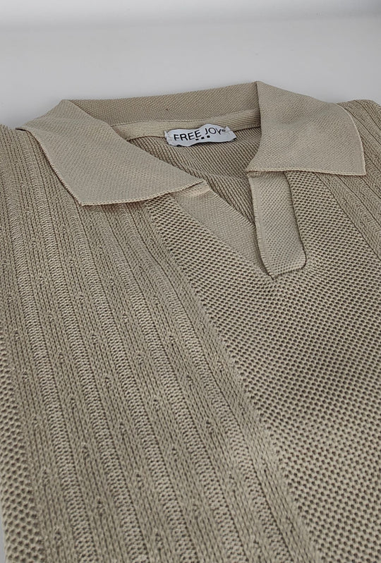 Polo Uomo in Maglia con Inserti Verticali in cotone- BEIGE