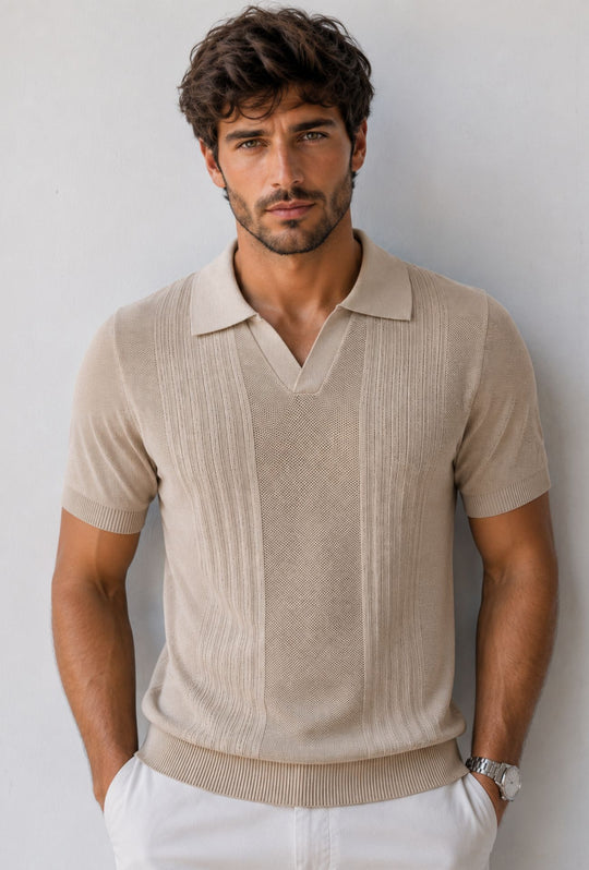 Polo Uomo in Maglia con Inserti Verticali in cotone- BEIGE