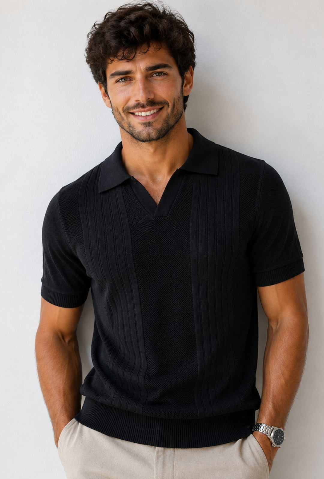 Polo Uomo in Maglia con Inserti Verticali in cotone- NERO