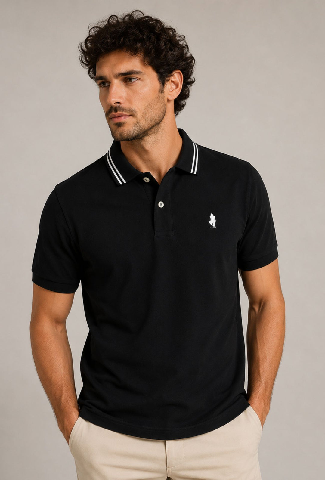 Polo Uomo manica corta MARLBORO CLASSIC logo ricamato lato cuore, colletto con doppio righino- NERO