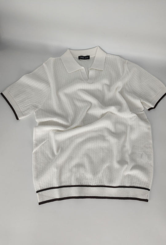 Polo Uomo in Maglia Traforata 100% Cotone Collo Aperto Regular Fit-BIANCO