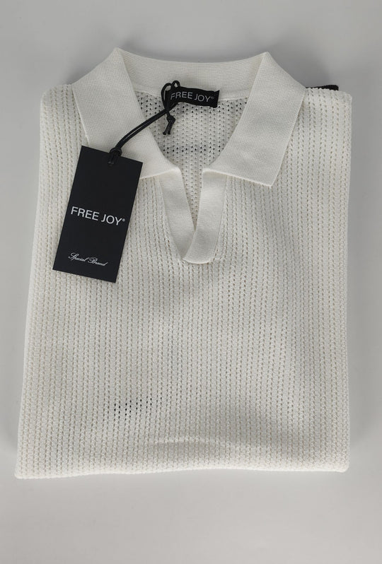 Polo Uomo in Maglia Traforata 100% Cotone Collo Aperto Regular Fit-BIANCO