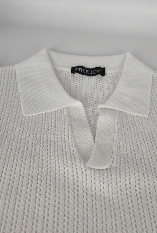 Polo Uomo in Maglia Traforata 100% Cotone Collo Aperto Regular Fit-BIANCO