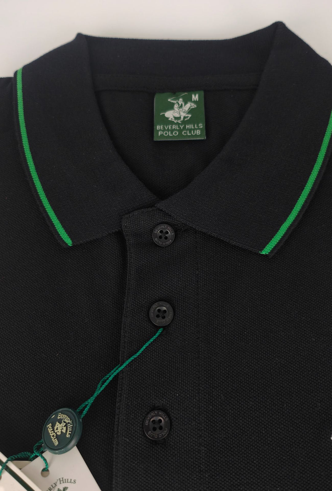 Polo Uomo BEVERLY HILLS POLO CLUB in Cotone Piquet 100% colletto righino verde – NERO