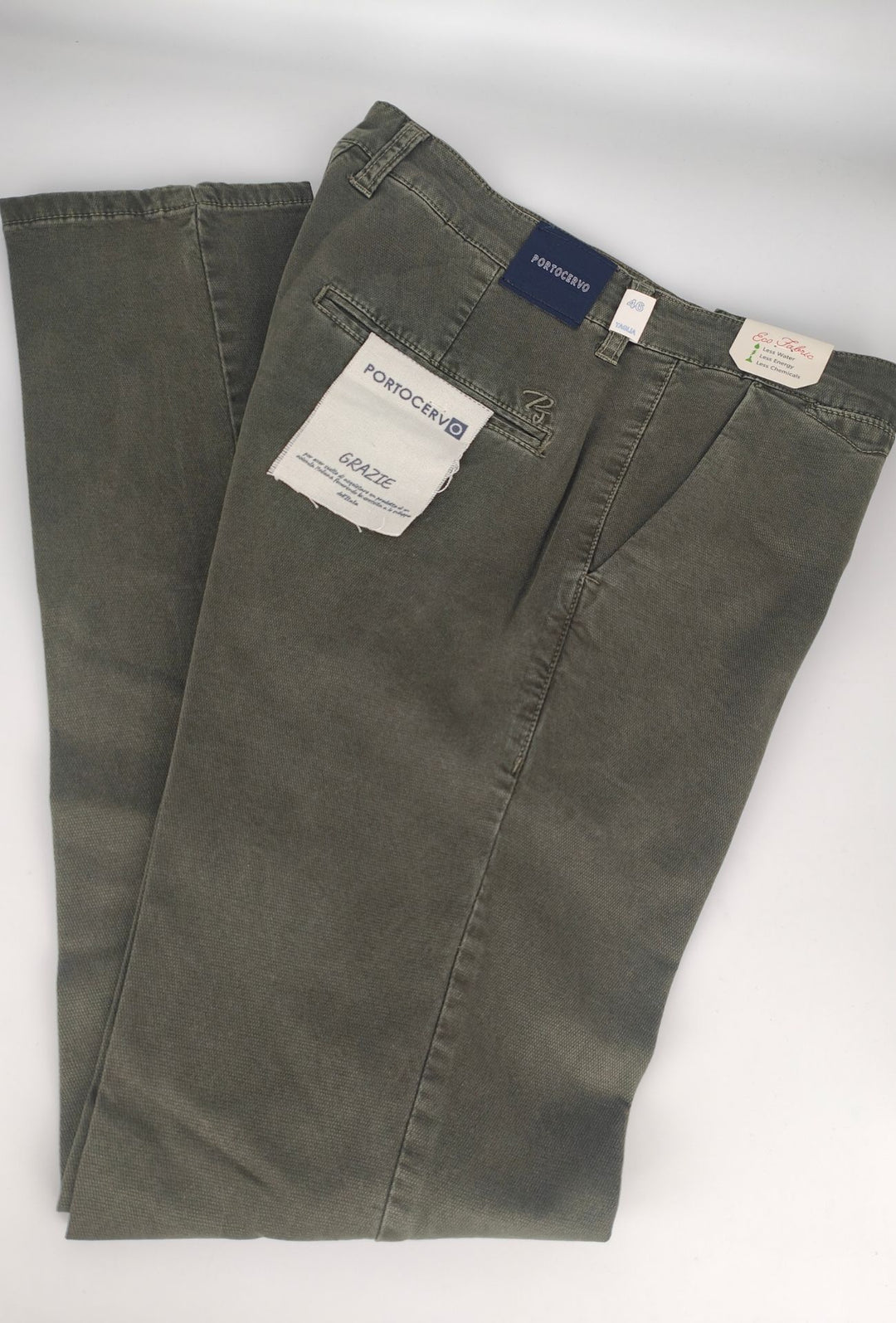 Pantalone Uomo PORTOCERVO in Cotone Piquet Eco traspirante Perfect Fit Tasca America- VERDE MILITARE